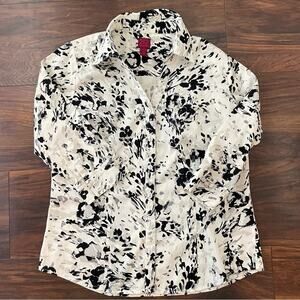 212 Collection long sleeve button down white black floral print shirt top S B13